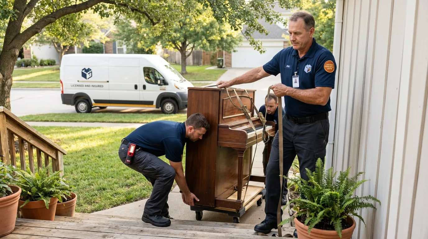 Licensed piano movers securing grand piano in Huntingburg, IN