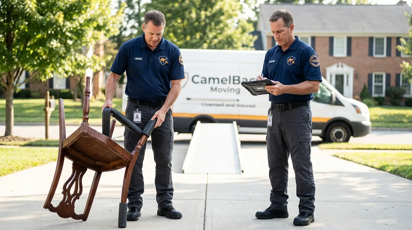 Movers inspecting furniture for damage prevention before loading in Huntingburg, IN