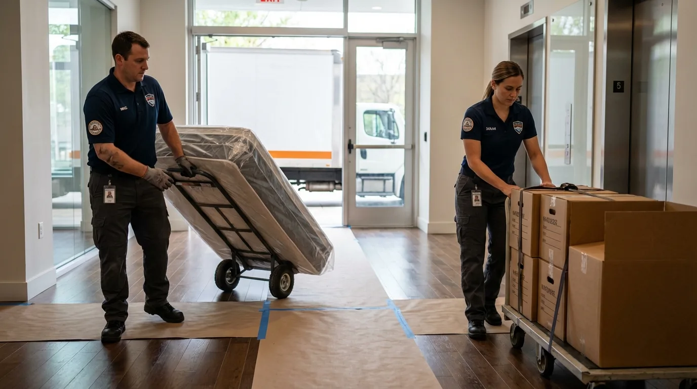 Professional apartment movers loading elevator in Huntingburg, IN