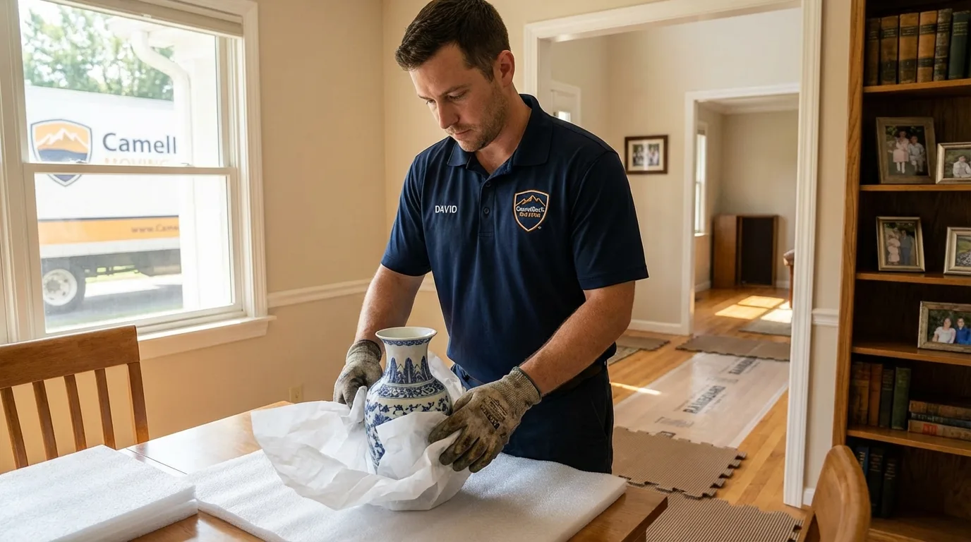 Professional crew carefully wrapping antique vase for senior downsizing move in Huntingburg, IN